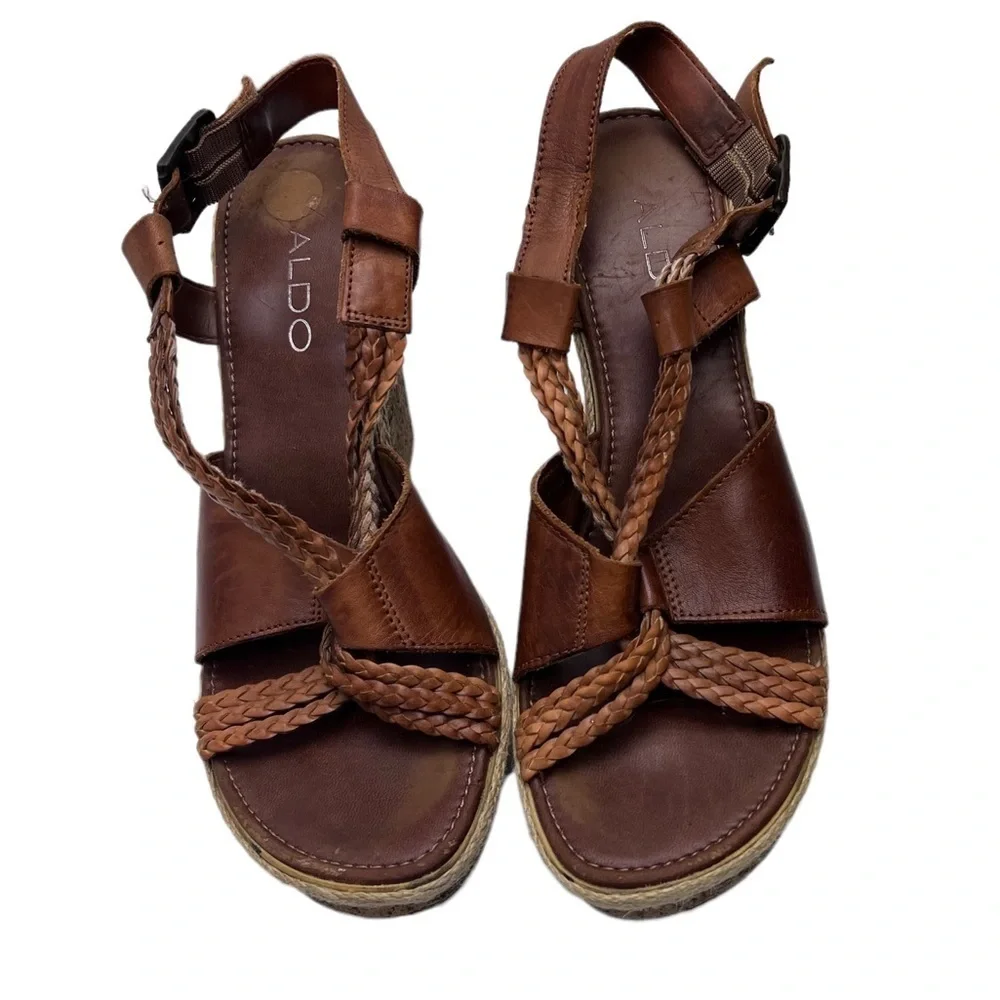 Aldo Tan Cognac Braided Vegan Leather Crisscross Keyhole Wedge Size 38 US 7.5